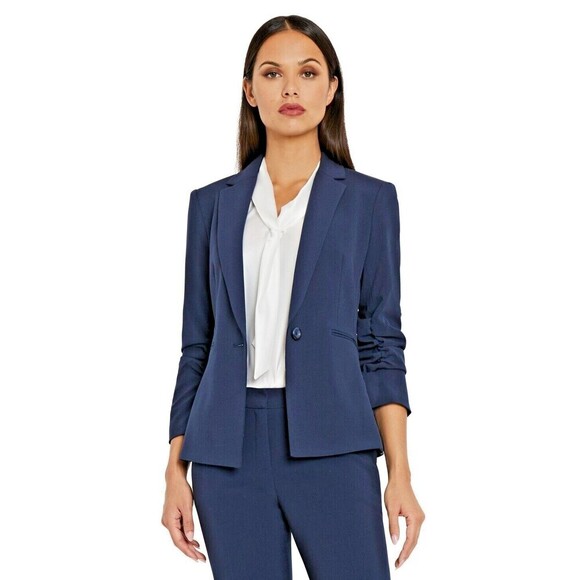 Tahari ASL Women's Ruched-Sleeve One-Button Blazer Formal Jacket Navy Blue 4 - Picture 1 of 3